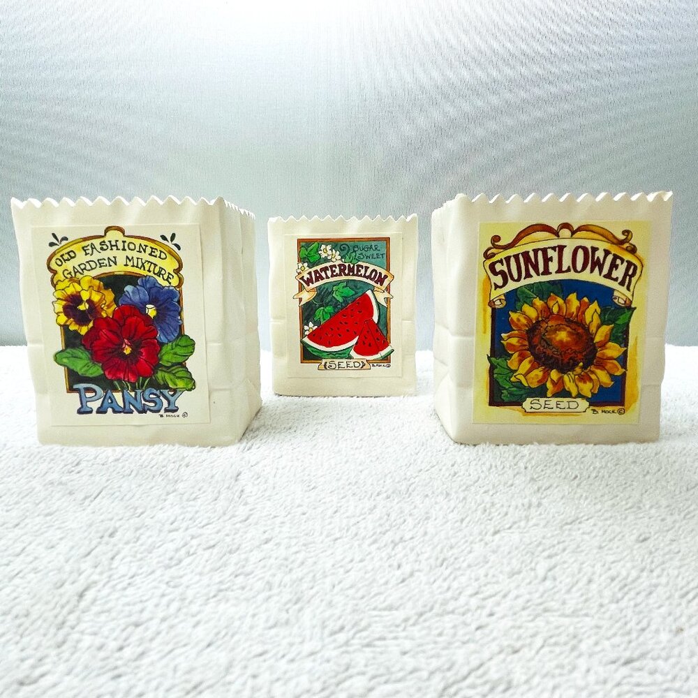 NWOT S/3 Ceramic Flower Vases, Artist Barbara Mock Seed Packet Artwork, 3 1/2" T